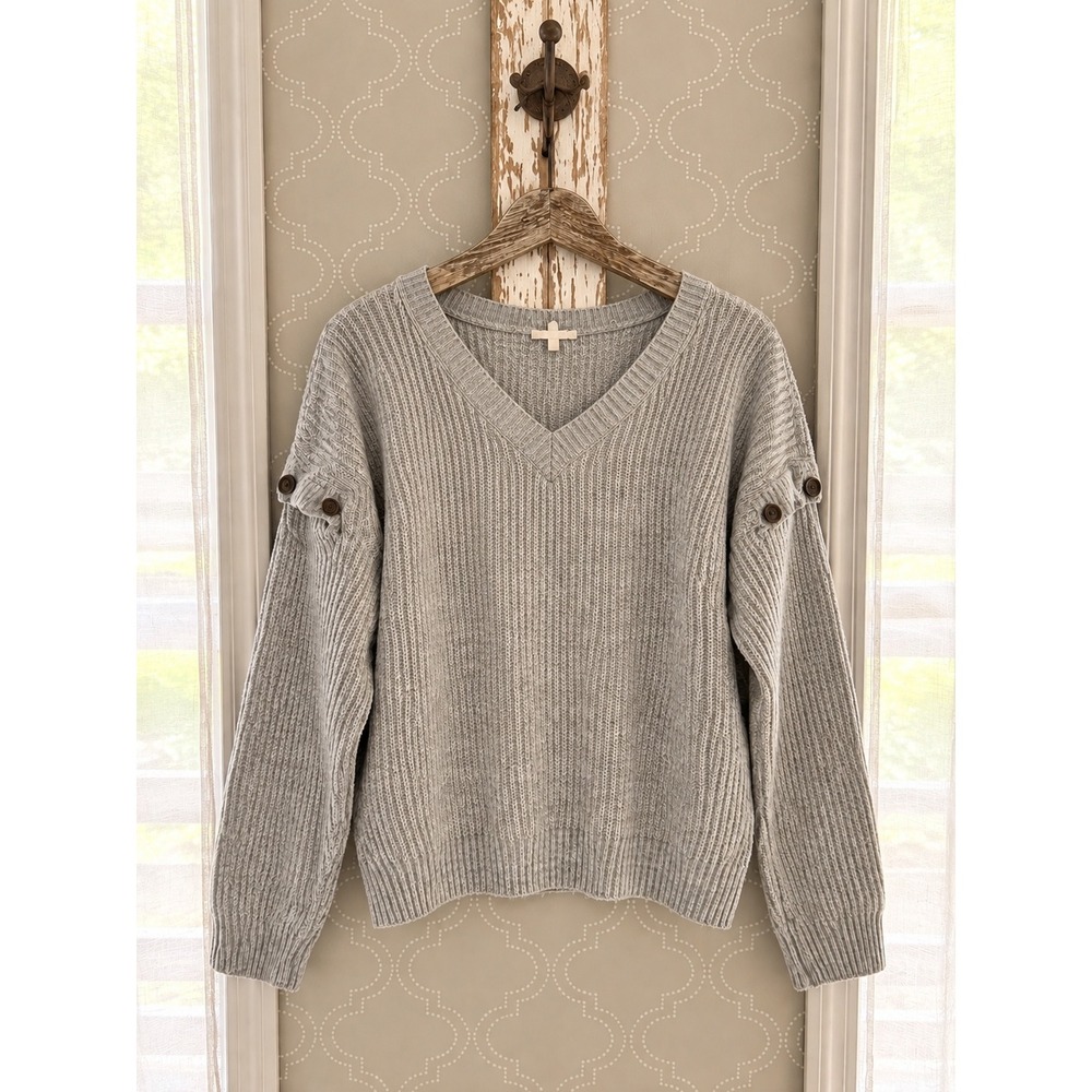 Kayla Sweater V-Neck Button Shoulder Ribbed Knit Gray Wool Blend Medium